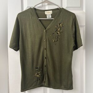 Jaclyn Smith Embroidered Floral Button Cardigan Sweater Olive Green Women's L